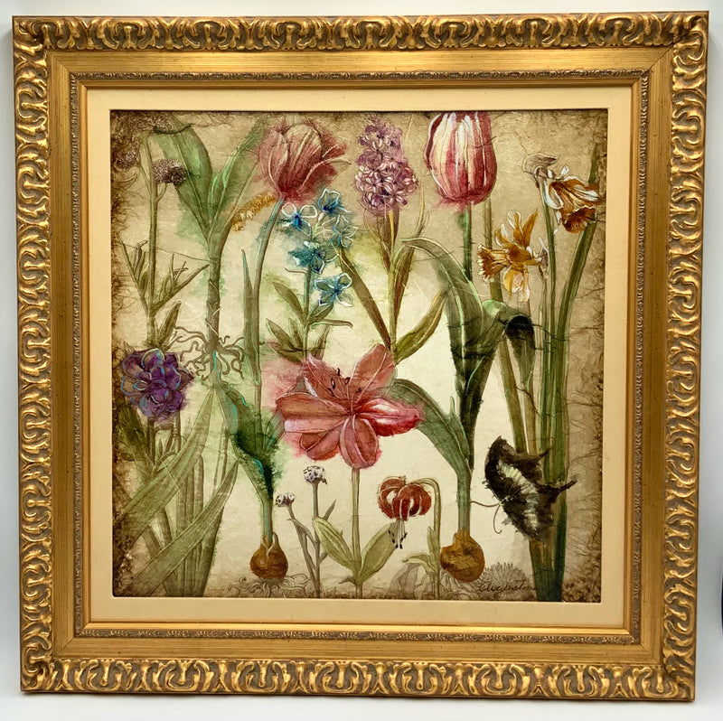 Decoupage Print of Flowers in Gold Frame