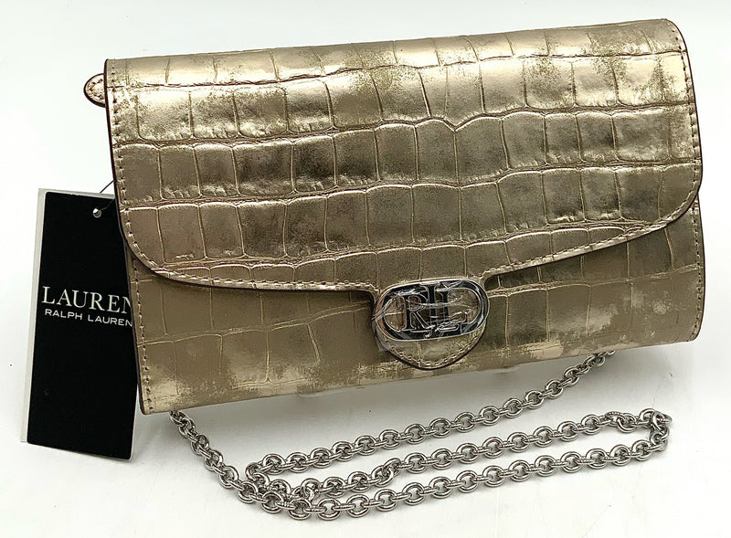 RALPH LAUREN Gold Embossed Leather Silvertone Chain Flap Bag