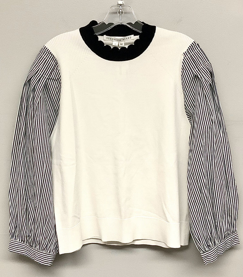 VERONICA BEARD Ivory Knit Black Scallop Striped Sleeve Roy Pullover