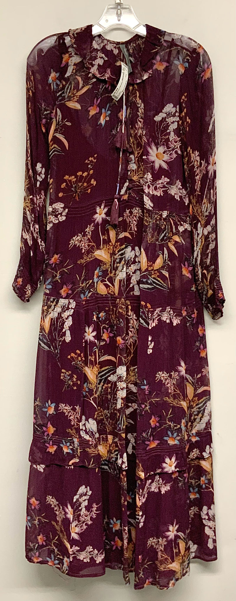 Anthropologie Purple Sheer Floral Tie Neck Maxi Dress