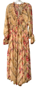 FREE PEOPLE Tan Gold Pink Floral Ruffled Neck L/S Lena Midi Dress