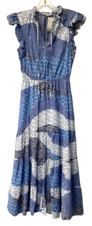 BB DAKOTA Blue/White Print Flutter Sleeve Tie Neck Tiered Dress