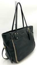 COACH Black Leather Goldtone Chain Inset Whipstitch Tatum Tote Bag