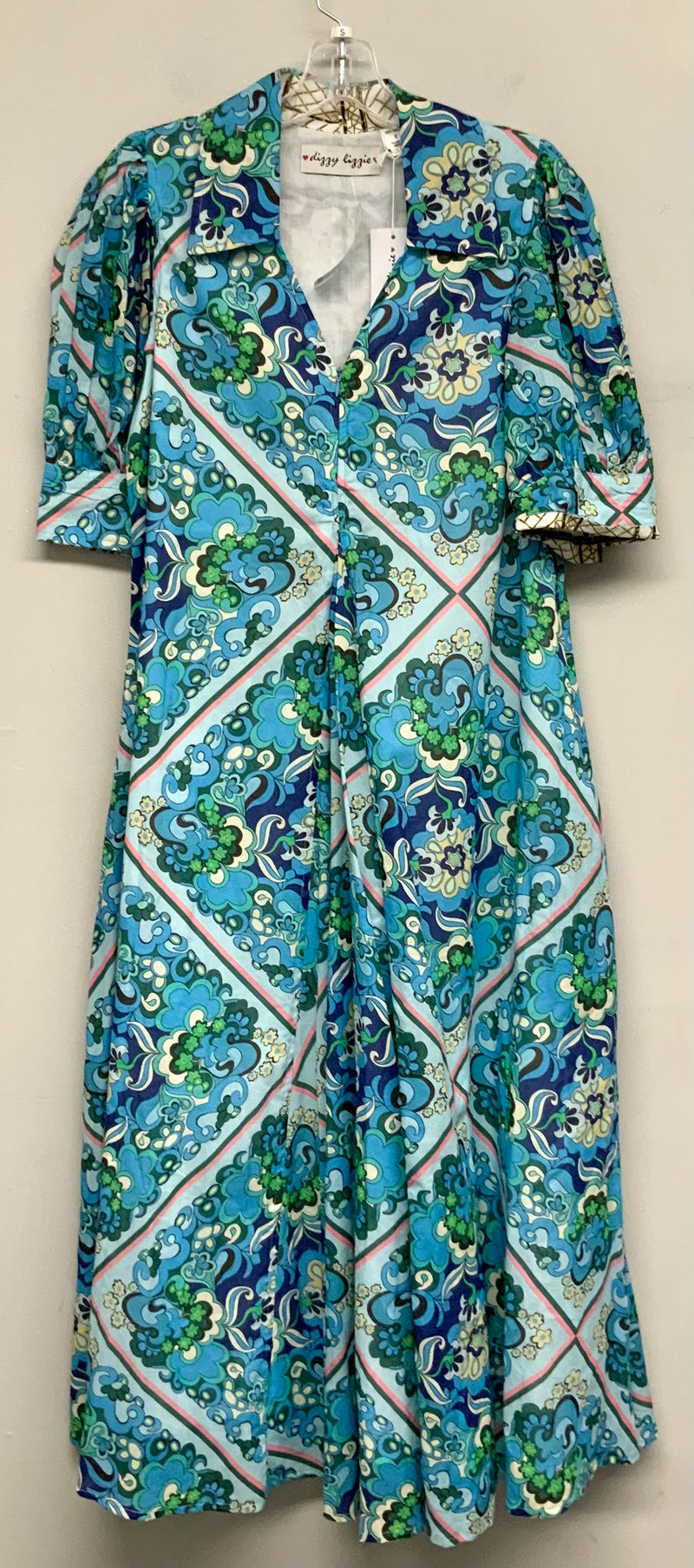 DIZZY LIZZIE Blue/Aqua/Pink Floral V-Neck S/S Dress