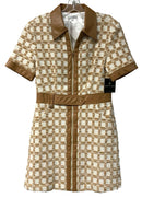 PATTY KIM Camel/Cream Tweed w/Vegan Leather Trim Front Zip S/S Dress