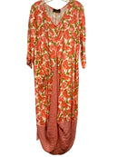 LUISELLE Coral/Green Floral w/Linen Insert V-Neck Maxi Dress