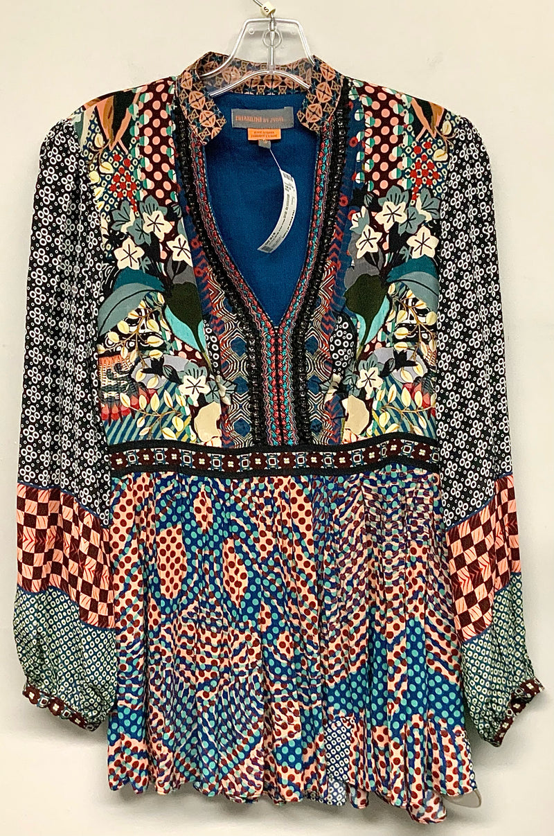 Bhanuni by Jyoti Blue Pink Multi Floral Dot Beaded V Neck L/S Top