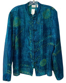 CHICOS Turq/Green Abstract w/Frog Buttons Sheer Silk L/S Top