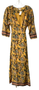 LOUISE MISHA Gold/Green/Red Floral 3/4 Sleeve Maxi Wrap Dress