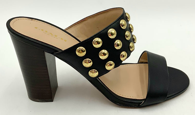 COACH Black Leather Gold Stud Olivia H/H Sandals 8