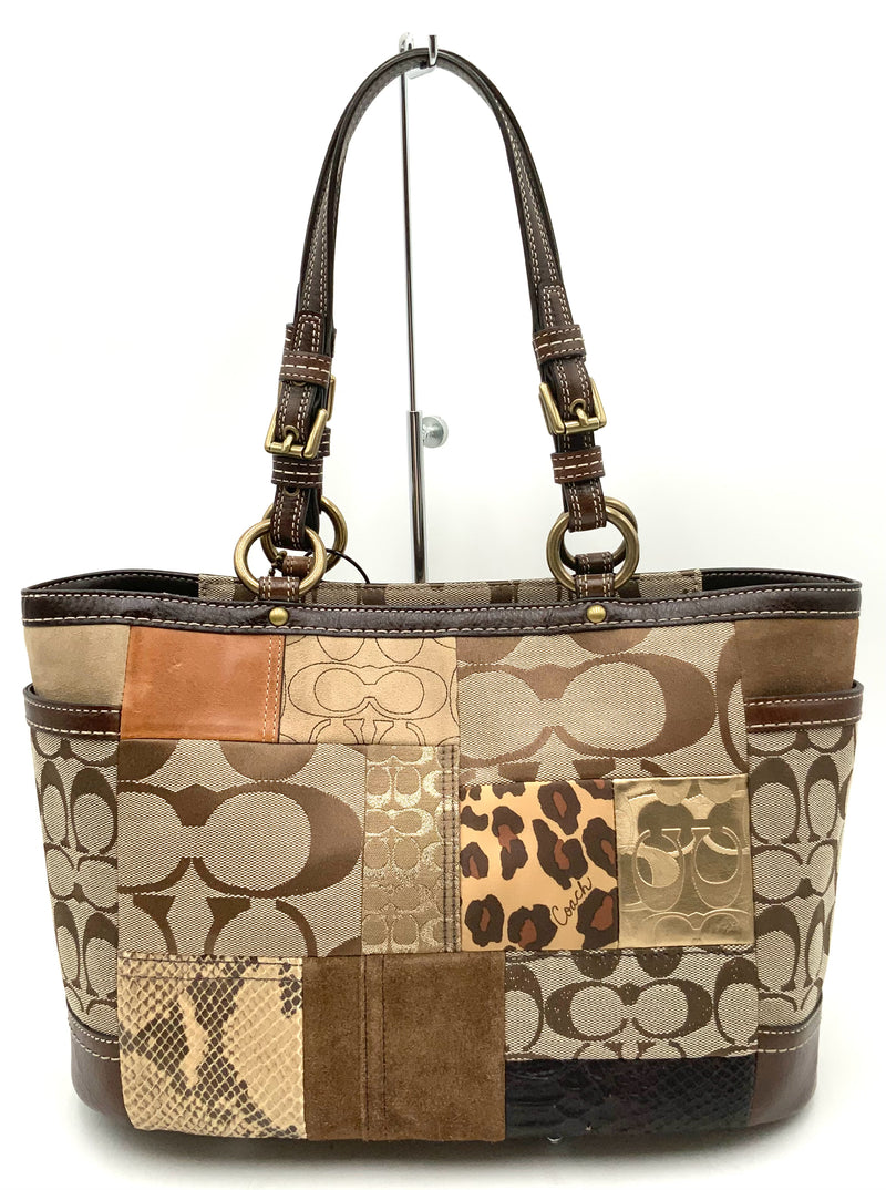 COACH Vintage Brown Multi Signature Leather & Suede Patchwork Gallery Tote