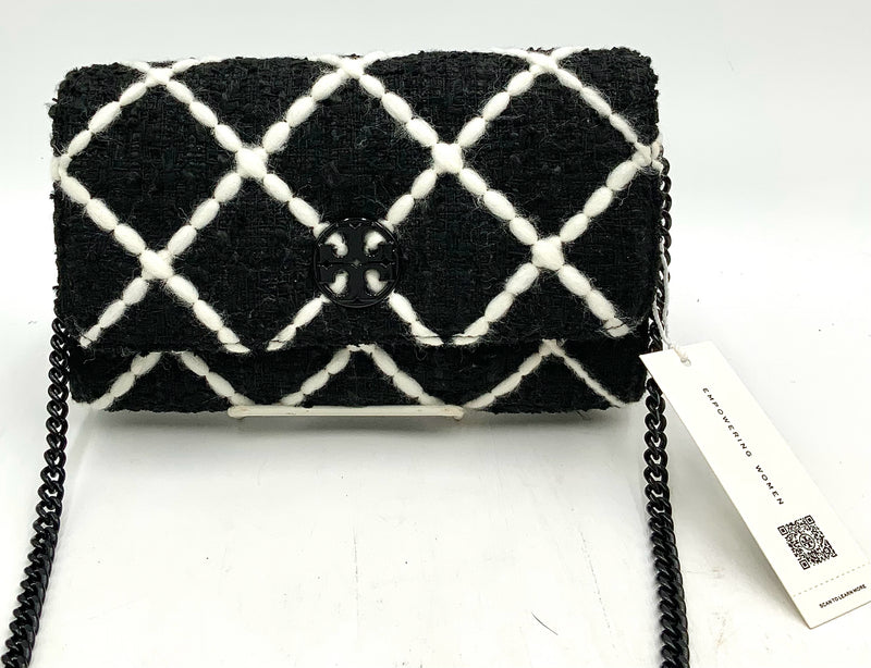 TORY BURCH Black White Willa Tweed Wallet on Chain Bag