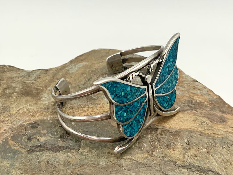 Southwest Style Sterling & Turquoise Chip Inlay Butterfly Cuff