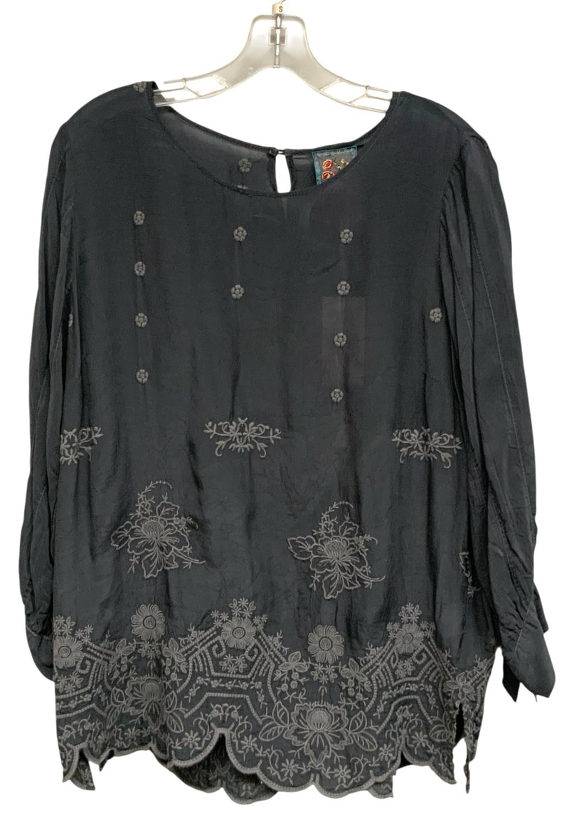 JOHNNY WAS Charcoal w/Grey Embroid Tie Sleeve "Isla" Top