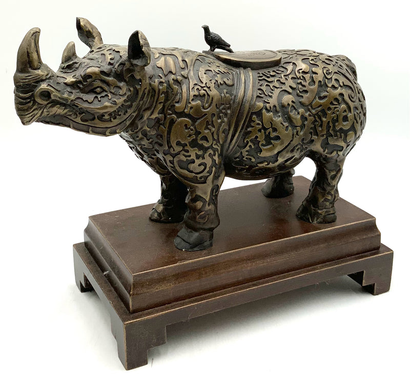 Chinese Bronze Rhinoceros on Wood Stand
