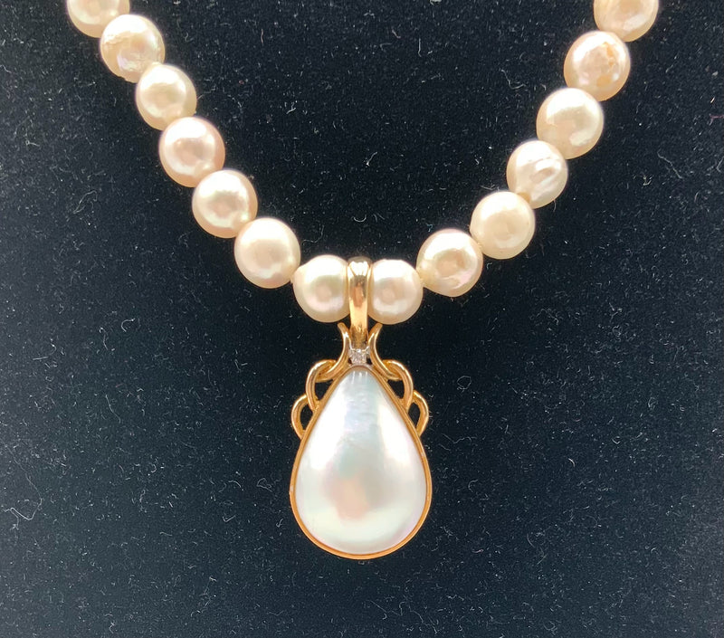 14kt Gold, Cultured Baroque/Mabe Pearl & Diamond Necklace
