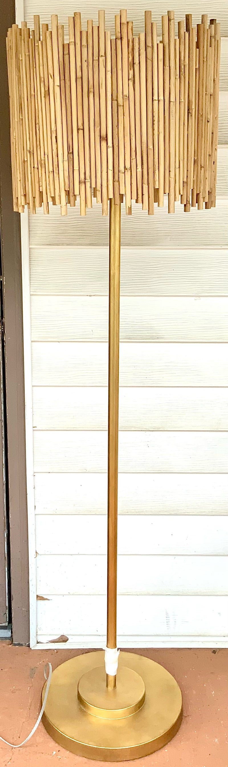 Currey & Co Brushed Gold Floor Lamp with Bamboo Drum Shade