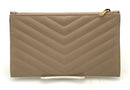 Yves St Laurent Beige Quilted Calfskin Leather Logo Zip Pouch