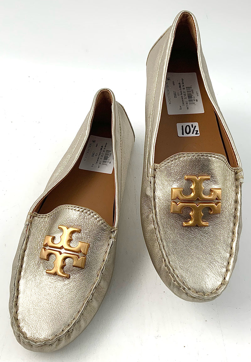 TORY BURCH Gold Leather Logo Drivers 10.5