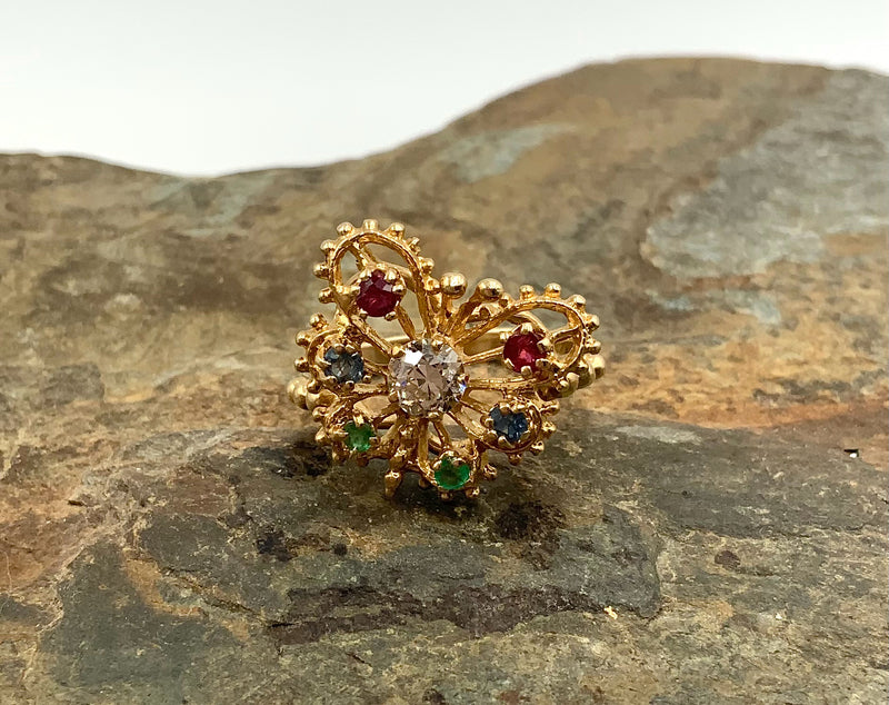 14kt Gold, Diamond, Emerald, Ruby & Sapphire Butterfly Ring