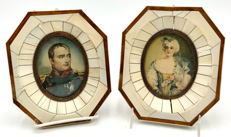 Pair of Antique Napoleon & Josephine Portraits in Bone Frames
