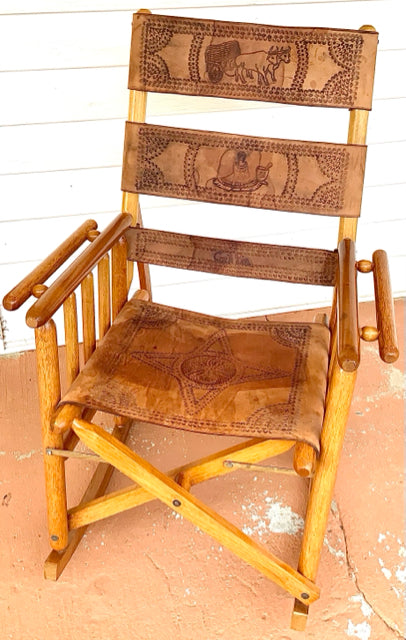 Handmade Wood Rocker with Embossed Leather