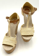 TORY BURCH Natural Straw Tan Leather Carina Wedge Sandals 6