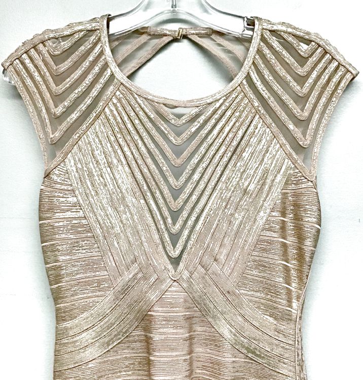 HERVE LEGER x Max Azria Blush Metallic Mesh Neckline Bandage Gown