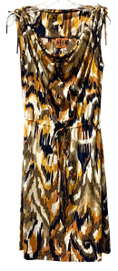 TORY BURCH Navy/Brown/Mustard Abstract  Drape Neck "Verda" S/L Silk Dress