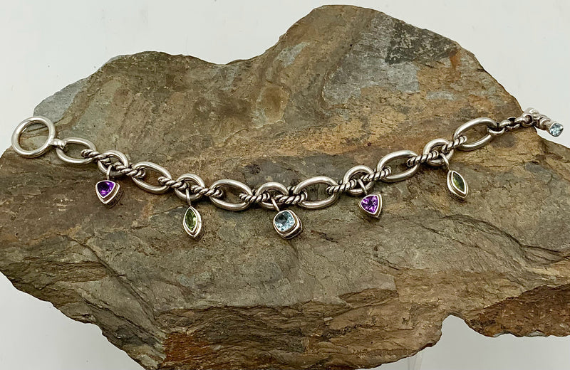 Heavy Sterling Bracelet w/Amethyst, Peridot & Aquamarine Charms