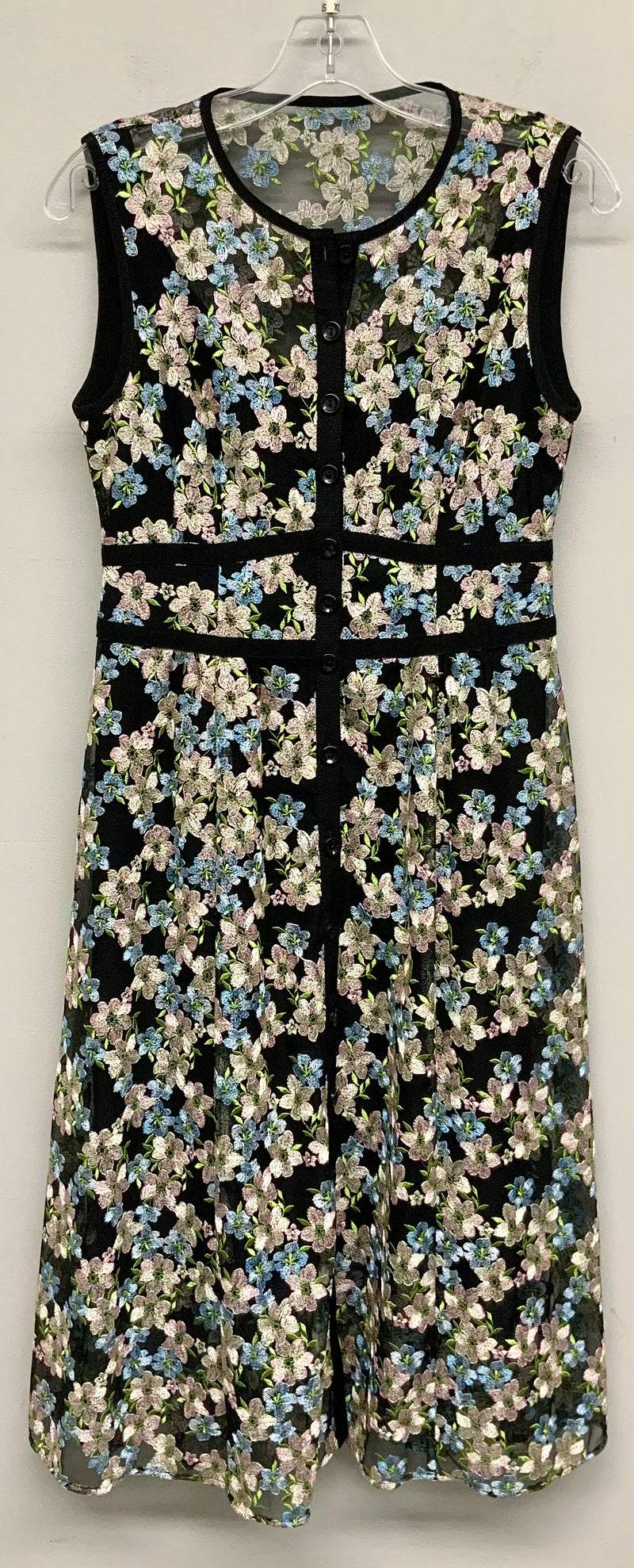 NANETTE LEPORE Black Pink Blue Floral Embroidered Overlay S/L Dress