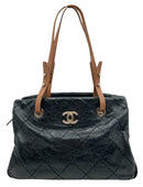 CHANEL Vintage Black Quilted Leather Brown Strap Tote