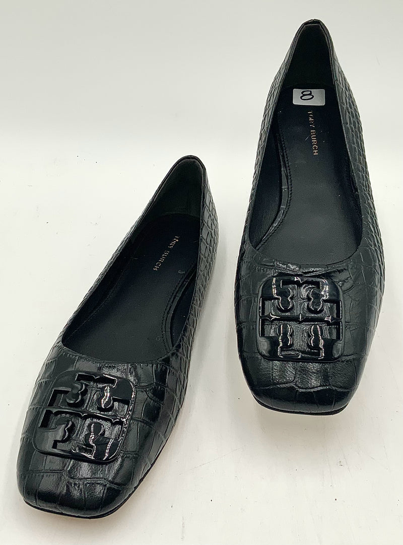 TORY BURCH Black Croc Embossed Lea Square Toe Georgia Flats 8