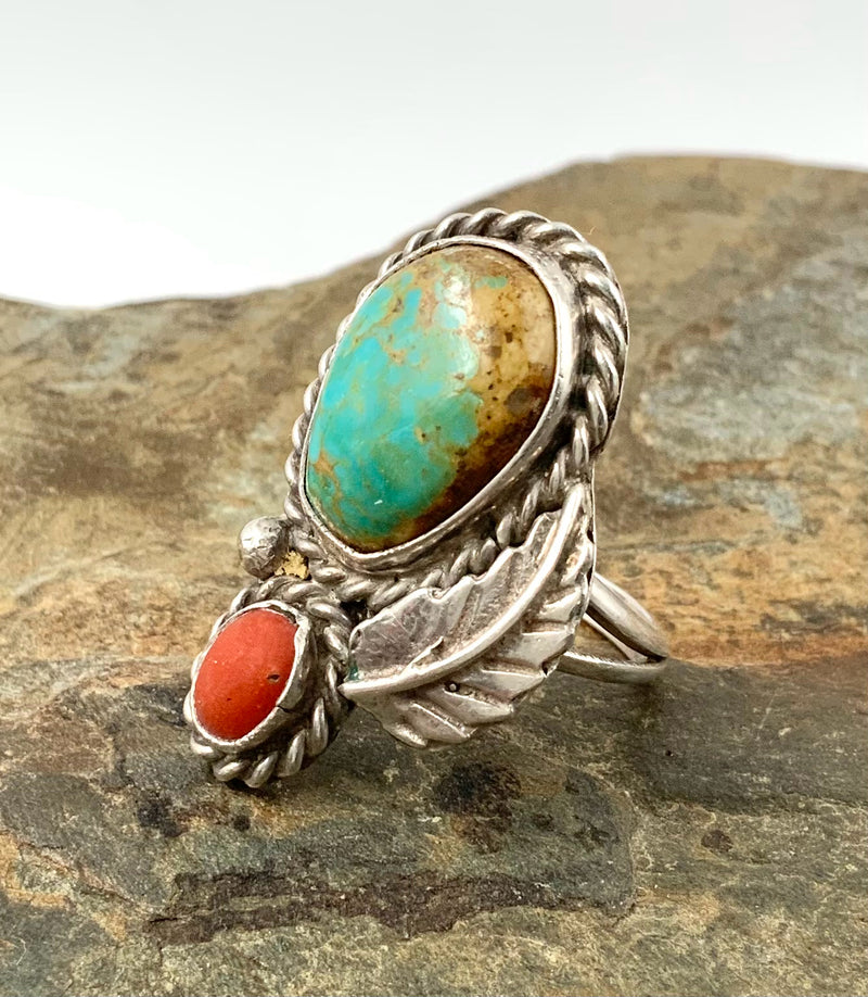 Sterling Silver, Turquoise & Coral Ring