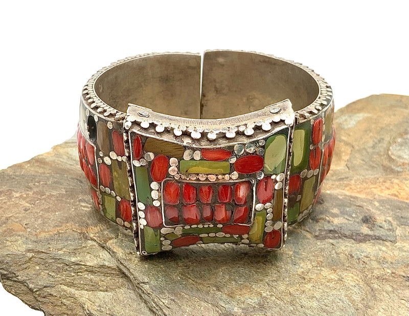 Nepali Sterling, Coral, Turquoise & Jasper Hinged Cuff Bracelet