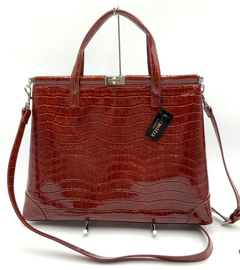 CLARITA Rust Patent Croc Embossed Faux Leather Satchel