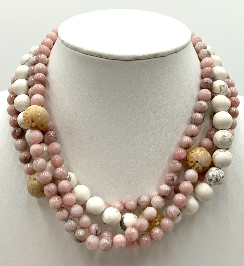 Alice Kuo 4-Strand Silvertone, Carved Jade/Quartz Beaded Necklace