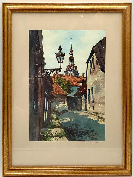 Pair of Signed European Street Scene Watercolors