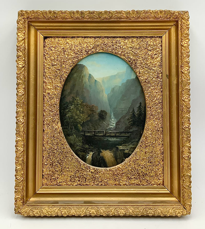 Antique Oil on Board of Landscape with Bridge Attributed to Thomas Hill