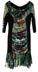 ELANA KATTAN Black Multi Abstract Ruched Mesh Flounce Hem Dress