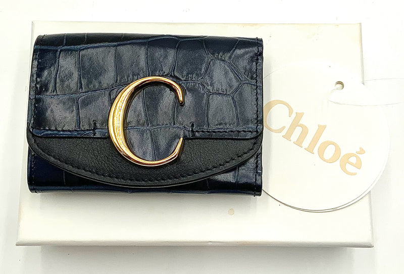 CHLOE Full Blue Embossed Leather Single Size Logo Wallet