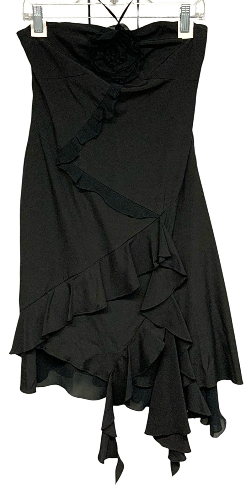 KAREN MILLEN Black Silk Rosette Asym Ruffle Tie Neck Dress