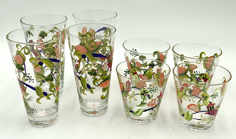 Set/8 Roost Handpainted Glasses with Pheasant/Vine Motif