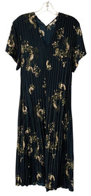 VINCE Black/Green Floral Pleated V-Neck S/S Dress
