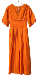 AYR Orange Textured Smocked Waist V-Neck Puff Sleeve Maxi Dress