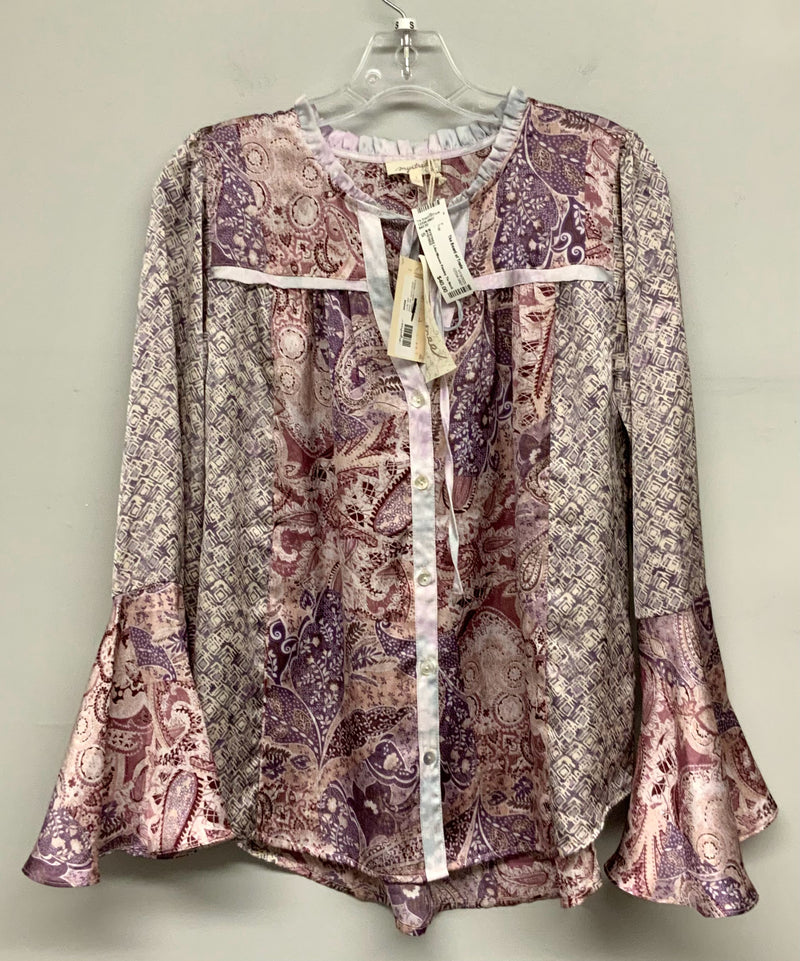 MYSTREE Lilac/Mauve Paisley Tie Neck Bell Sleeve Top