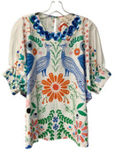 SHERIDAN FRENCH White/Orange/Blue Floral w/Sequin Flowers Top