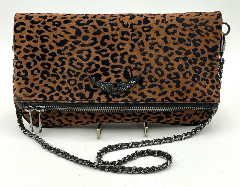 ZADIG & VOLTAIRE Black Cognac Suede Leopard Chain Strap Rock Handbag