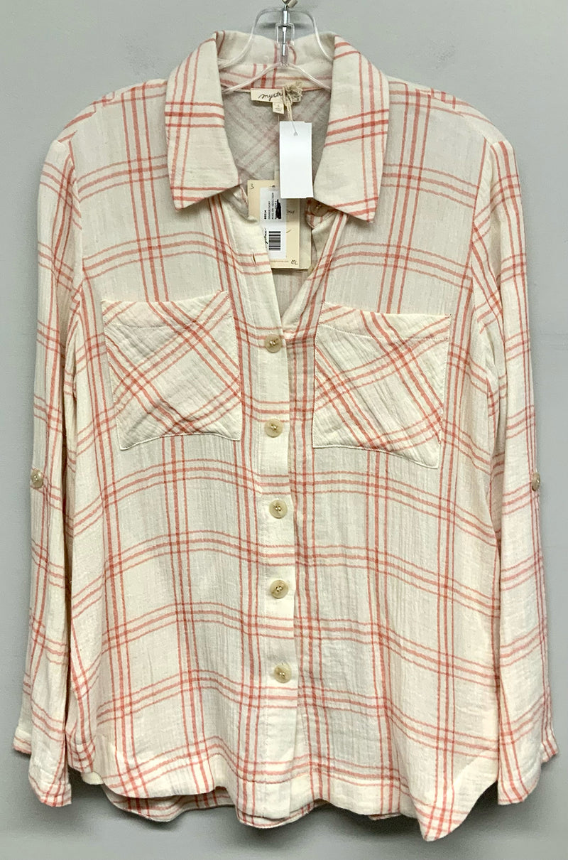 MYSTREE Orange/Ivory Plaid Front Pockets L/S B/D Top