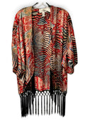 JOSEPH RIBKOFF Red/Black/Blue Floral Kimono Sleeve Fringed Jacket